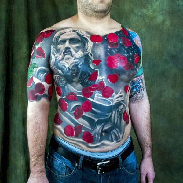 Mens Red Poppy Flower Jesus Chest Tattoos