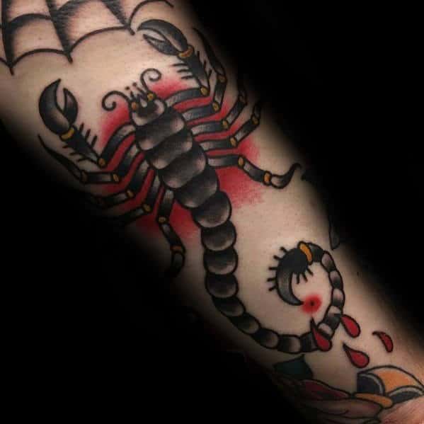 Mens Red Shadow Traditional Scorpion Tattoo On Outer Arm