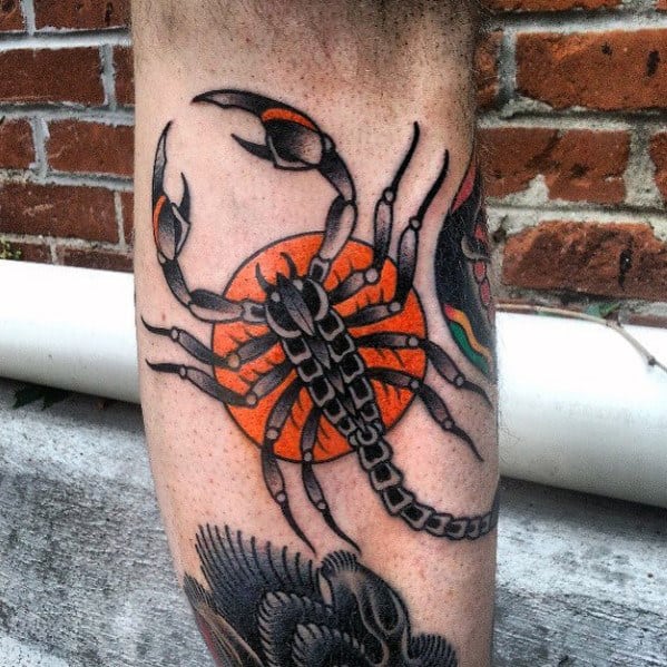 Mens Red Sun Traditional Scorpion Leg Tattoo
