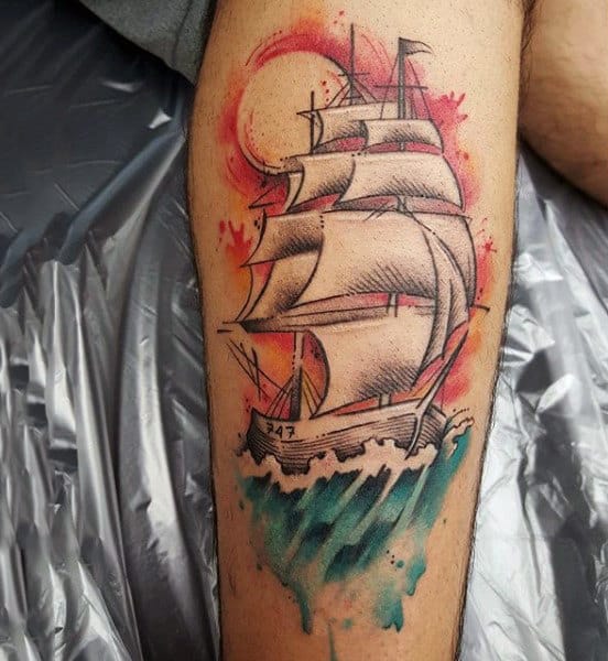 Mens Regal Ship Watercolor Tattoo On Arms