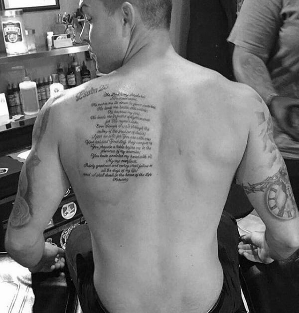 Mens Religious Christian Bible Quote Psalm 23 Tattoo On Shoulder Blade