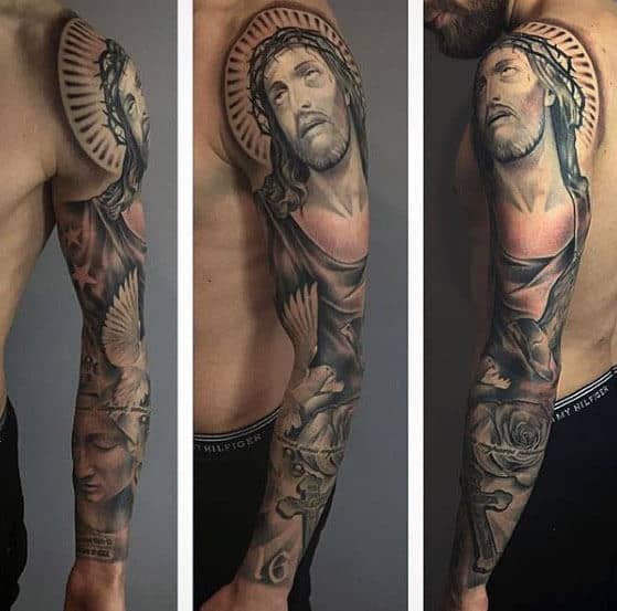 Mens Religious Christian Themed Jesus Sleeve Tattoo Ideas