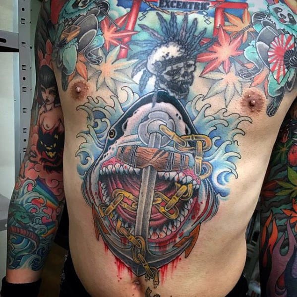Mens Retro Anchor Shark Chest Tattoo Designs