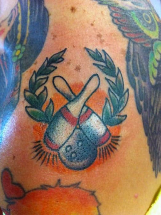 Mens Retro Crossed Bowling Pins And Ball Arm Tattoo