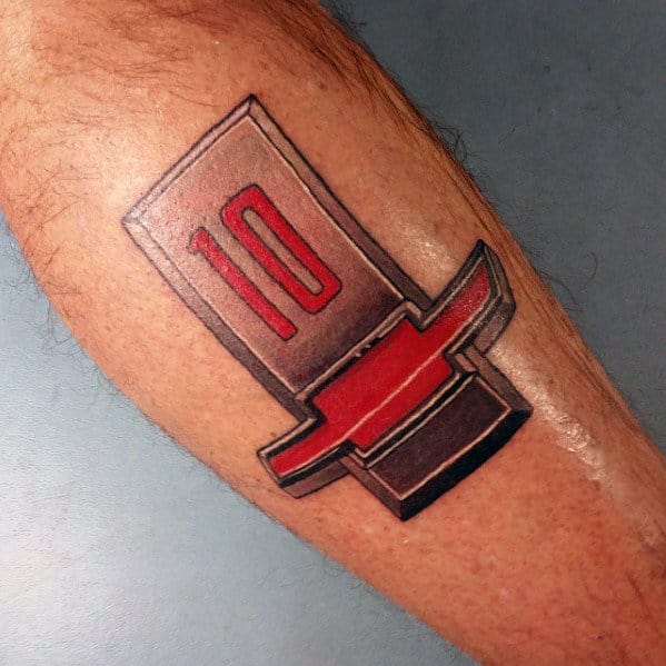 Mens Retro Old School Chevy Logo Leg Tattoo With Red And Grey Ink Design