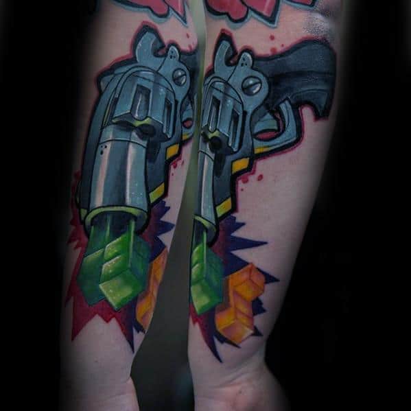 Mens Revolver Themed Tetris Tattoo Design Ideas