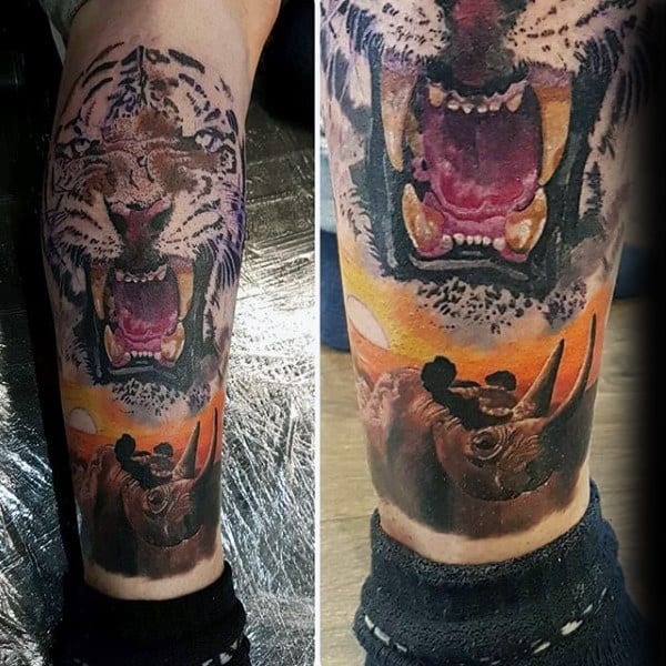 Mens Rhino Tiger Leg Tattoo Designs