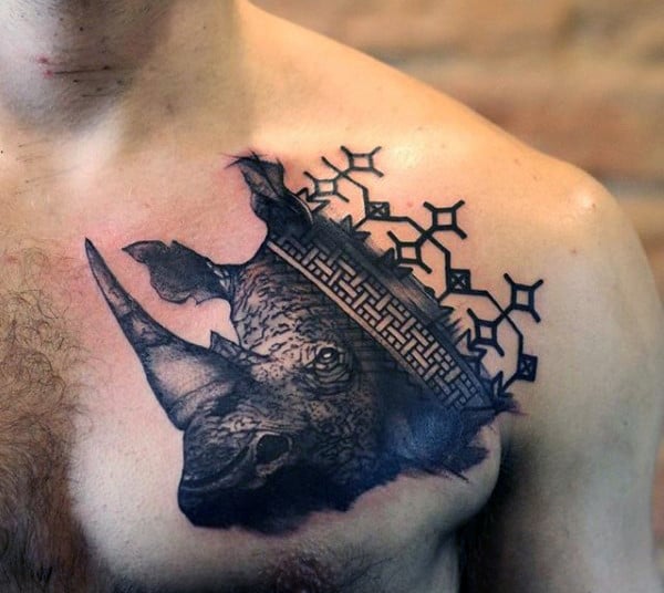 Mens Rhino With Crown Upper Chest Tattoos