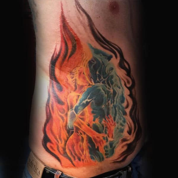 Mens Rib Cage Blue And Orange Fire Tattoo