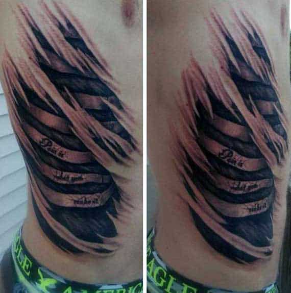 Mens Rib Cage Bones Ripped Skin Tattoos