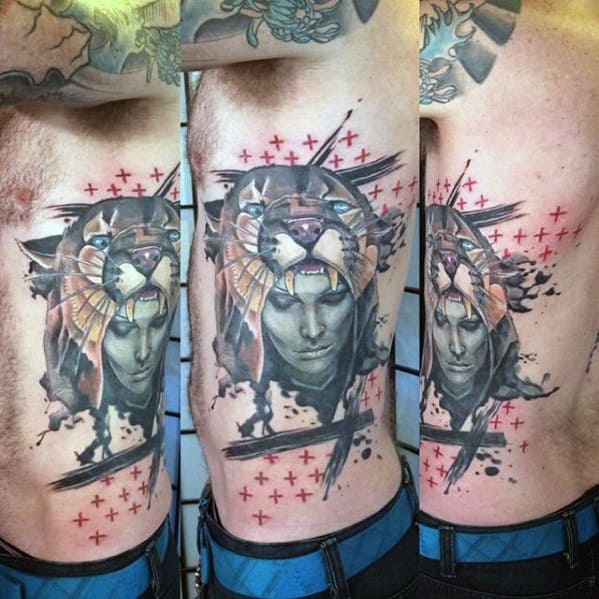 Mens Rib Cage Side Abstract Cool Mountain Lion Head With Female Portrait Tattoo Ideas