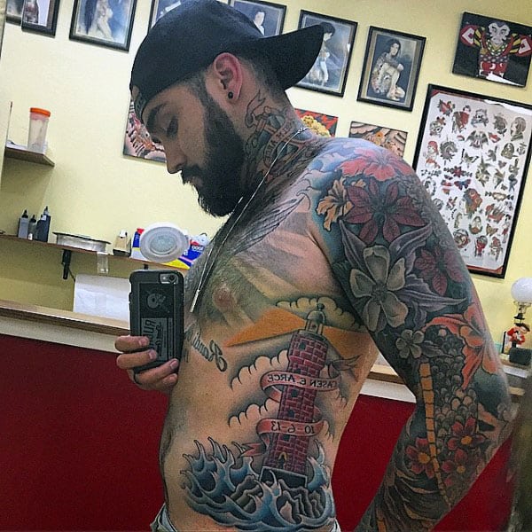 Mens Rib Cage Side Amazing Traditional Lighthouse Tattoo