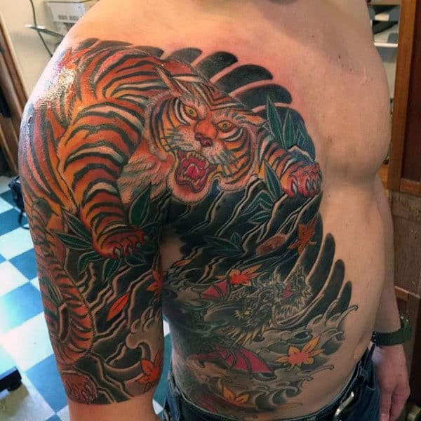 Mens Rib Cage Side And Chest Japanese Tiger Tattoo Ideas