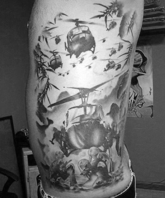 Mens Rib Cage Side Army Themed Helicopter Tattoo Inspiration With Black Ink Design