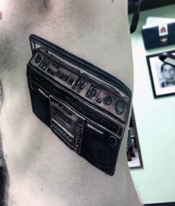 Mens Rib Cage Side Boombox Tattoos