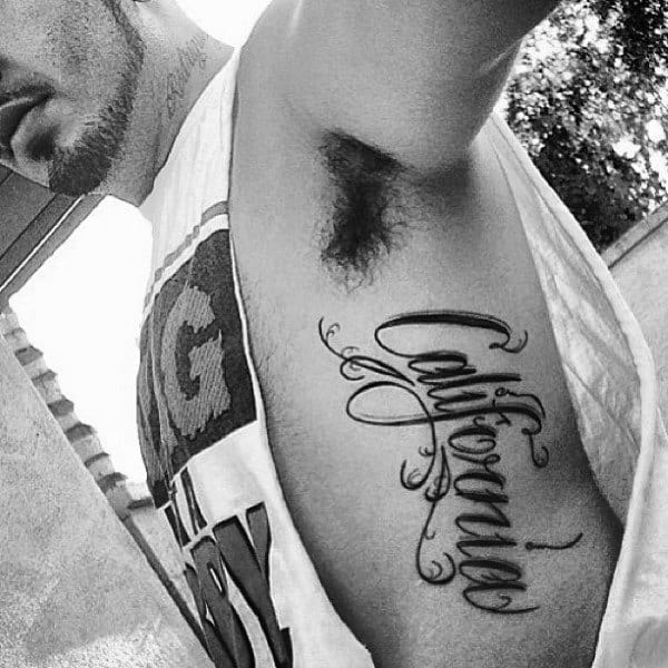 Mens Rib Cage Side California Lettering Tattoos