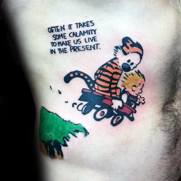 Mens Rib Cage Side Calvin And Hobbes In Cart Tattoo