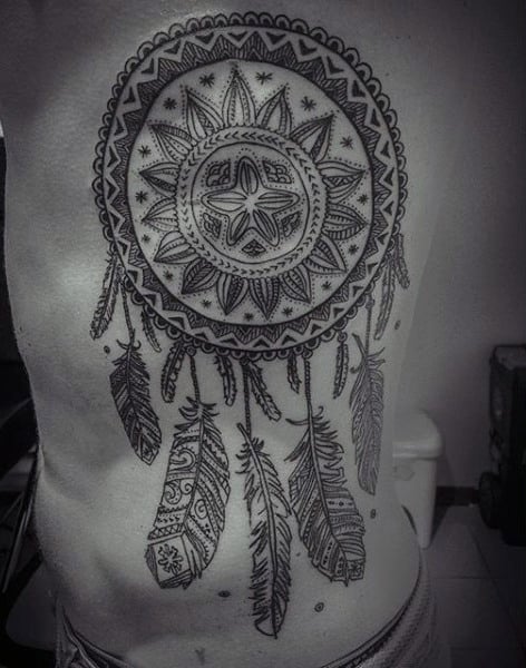 Mens Rib Cage Side Dreamcatcher Tribal Tattoo