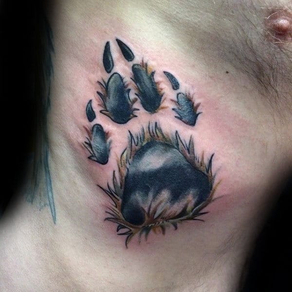 Mens Rib Cage Side Furry Dog Paw Tattoo