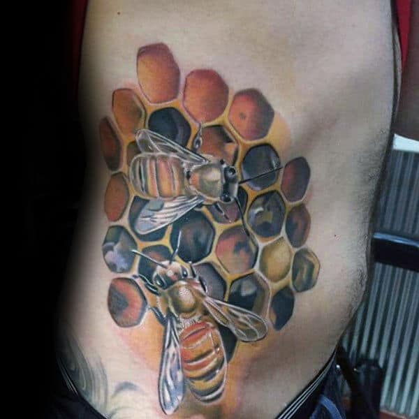 Mens Rib Cage Side Honeycomb Bee Tattoos
