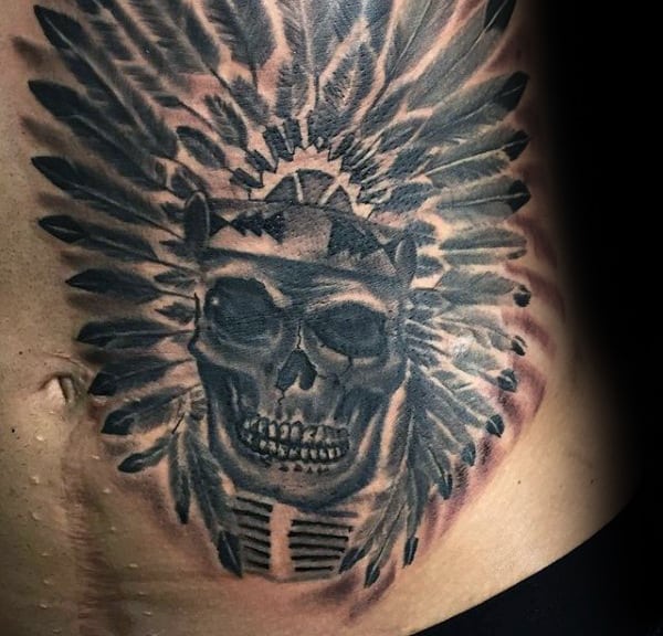 Mens Rib Cage Side Indian Skull Tattoo Designs
