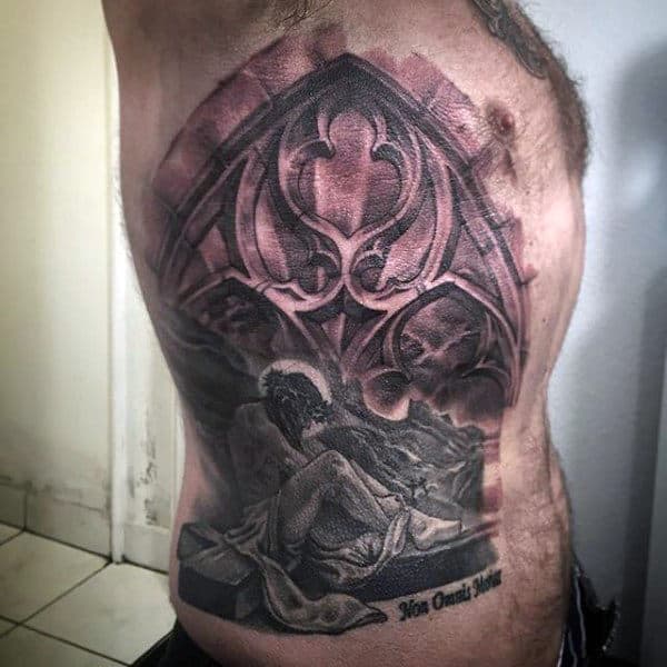 Mens Rib Cage Side Jesus Church Window Tattoo