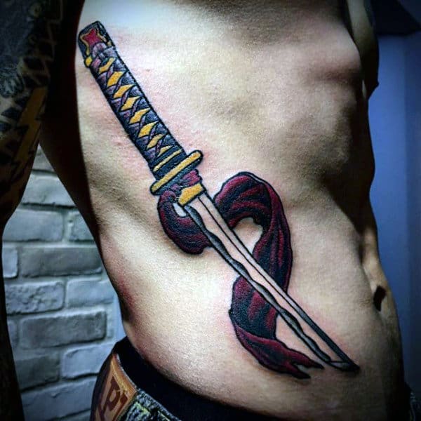 Mens Rib Cage Side Katana Sword Tattoos