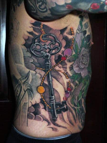 Mens Rib Cage Side Key Tattoo Design Inspiration