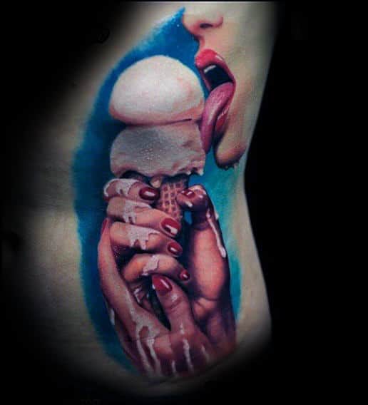 Mens Rib Cage Side Lady Enjoying Ice Cream Food Tattos