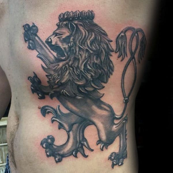 Mens Rib Cage Side Of Body Lion With Crown Tattoo Designs