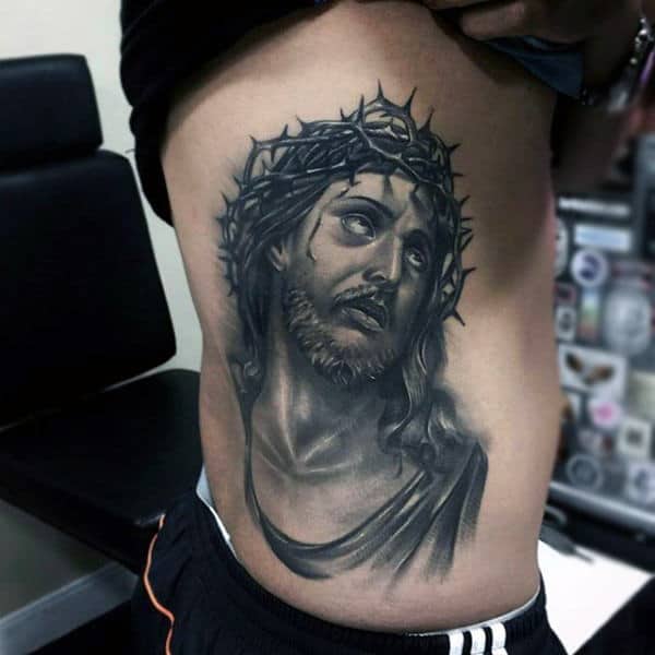 Mens Rib Cage Side Realistic Jesus Portrait Tattoos