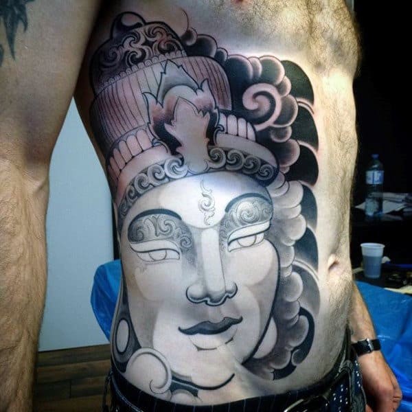 Mens Rib Cage Side Reflective Buddha Portrait Tattoo