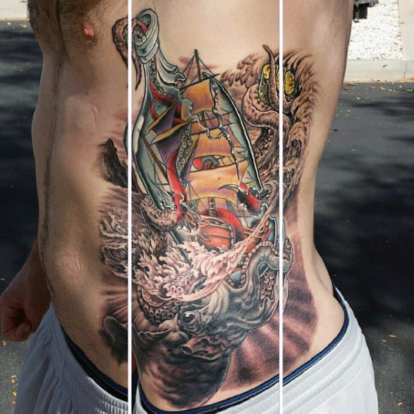 Mens Rib Cage Side Ship In A Bottle Tattoo Designs