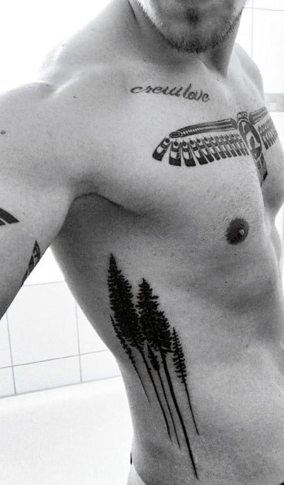 Mens Rib Cage Side Small Pine Tree Tattoo Designs