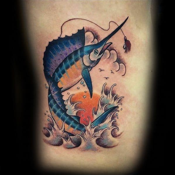 Mens Rib Cage Side Tattoo With Swordfish Design