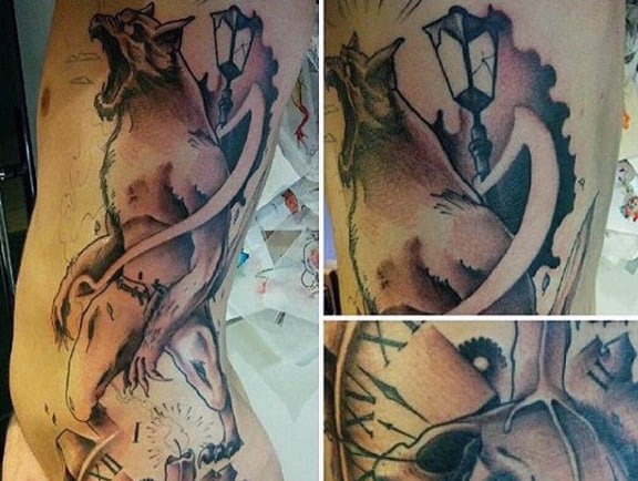Mens Rib Cage Side Tattoos Of Werewolf
