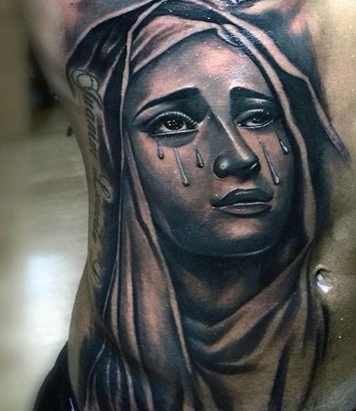 Mens Rib Cage Side Virgin Mary Tears Tattoo Designs
