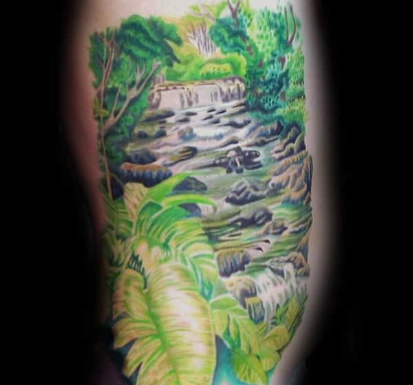 Mens Rib Cage Side Waterfall Nature Tattoo Designs
