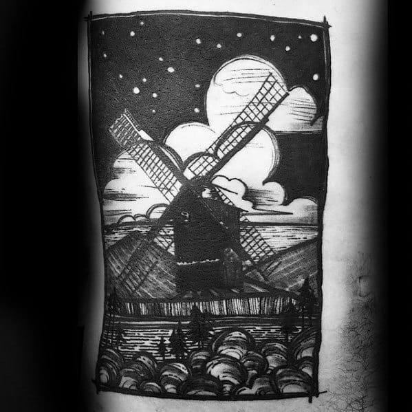 Mens Rib Cage Side Windmill Night Sky With Landscape Tattoo Designs