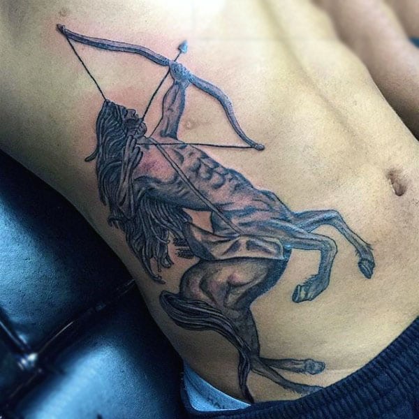 Mens Ribs Sagittarius Archer Shooting Bow And Arrow Tattoo Design