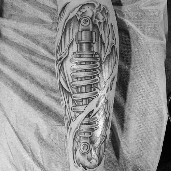 Mens Ripped Skin 3d Motocross Shock Tattoo On Back Of Leg