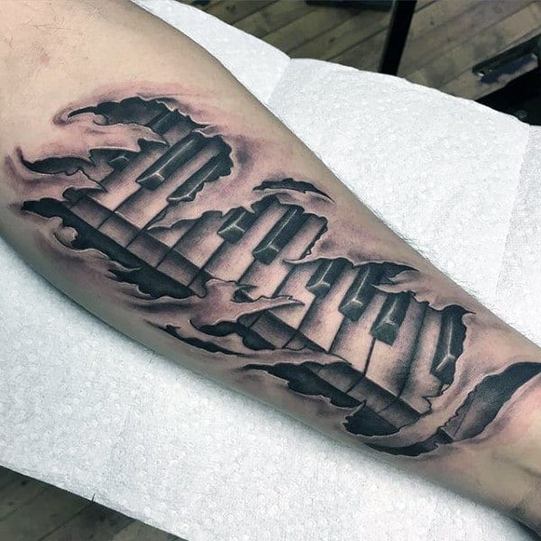Mens Ripped Skin 3d Piano Forearm Tattoo Designs