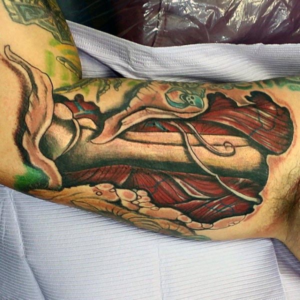 Mens Ripped Skin Bone And Muscle Bicep Tattoo