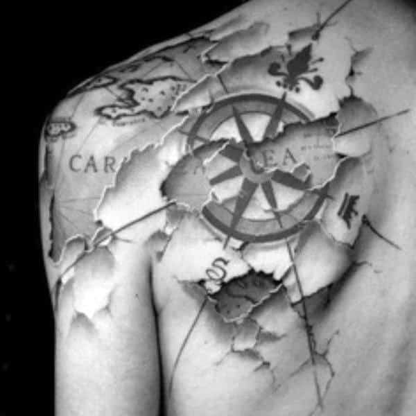 Mens Ripped Skin Map And Nautical Star Travel Back Tatoos