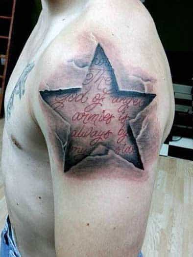 Mens Ripped Skin Tattoo With Quote In Star Shape On Upper Arm
