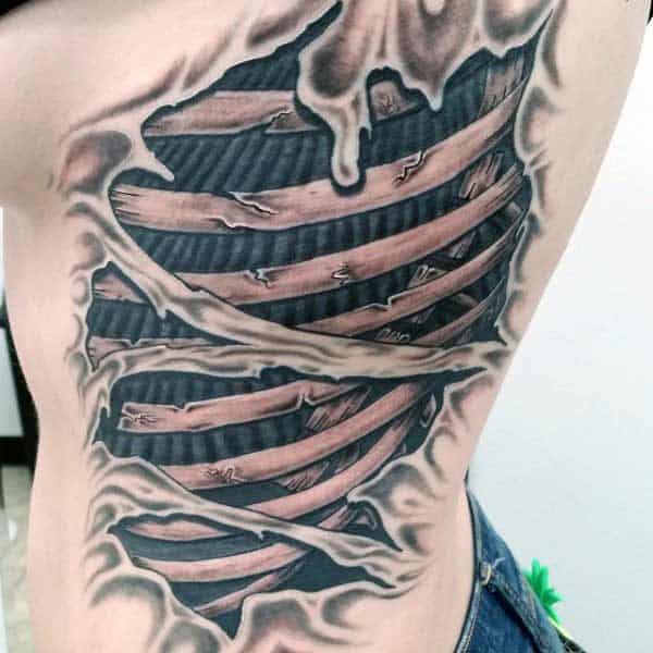 Mens Ripped Skin Tattoos Rib Cage Side