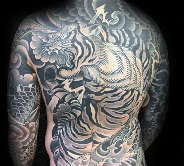 Mens Roaring Tiger Japanese Shaded Back Tattoo Designs