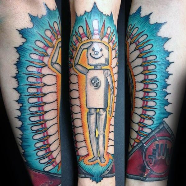 Mens Robot Bowling Themed Forearm Tattoo Designs