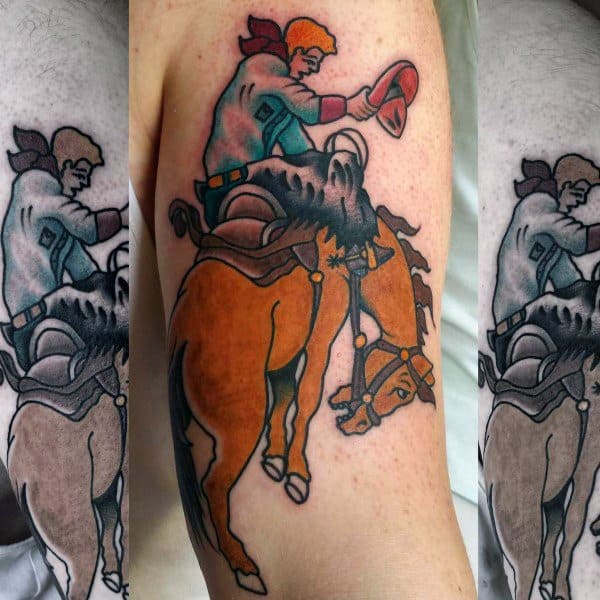Bold and colorful tattoo of a cowboy riding a bucking horse, featuring strong outlines, vibrant shading, and a dynamic Western rodeo theme.