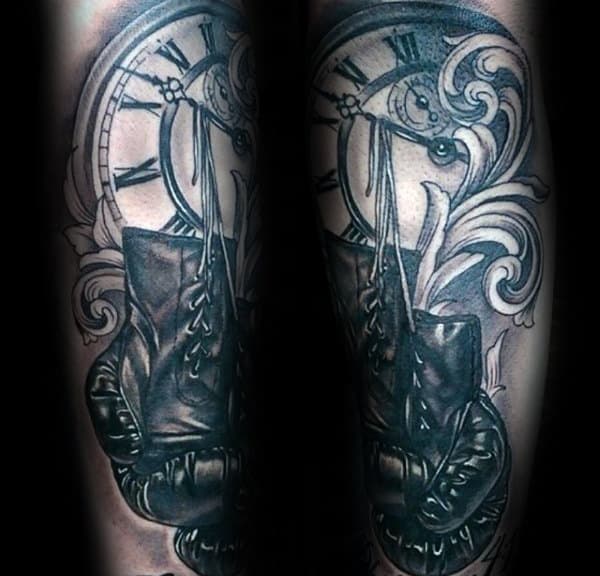 Mens Roman Numeral Clock With Shaded Boxing Gloves Ornate Tattoo Design Ideas